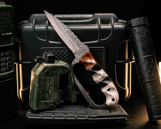 Trench Knife- Baker Forge Random Pattern Damascus- Desert Ironwood, Desert Ironwood and Bison Horn Pin Striping, Elk Antler Split, Elk Antler, Mosaic Pins, Brass Lanyard Pin, Textured Grip