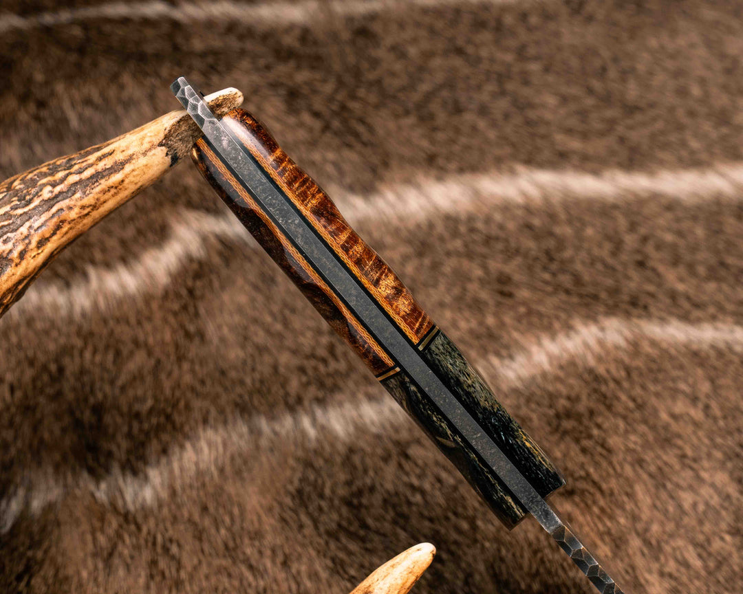 Crow Jr (Compound Grind)- Dyed Giraffe Bone, Black G10 and Brass Split, Hawaiian Curly Koa Over Natural Canvas Micarta, Mosaic Pins, Textured Grip