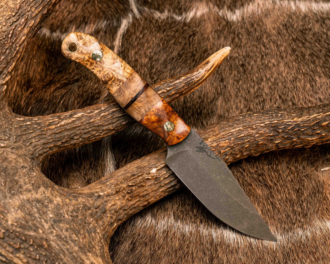 Feather Light- Afzelia Burl, Black Ash Burl and Desert Ironwood Split, Black Ash Burl, Mosaic Pins, Brass Lanyard Pin, Textured Grip