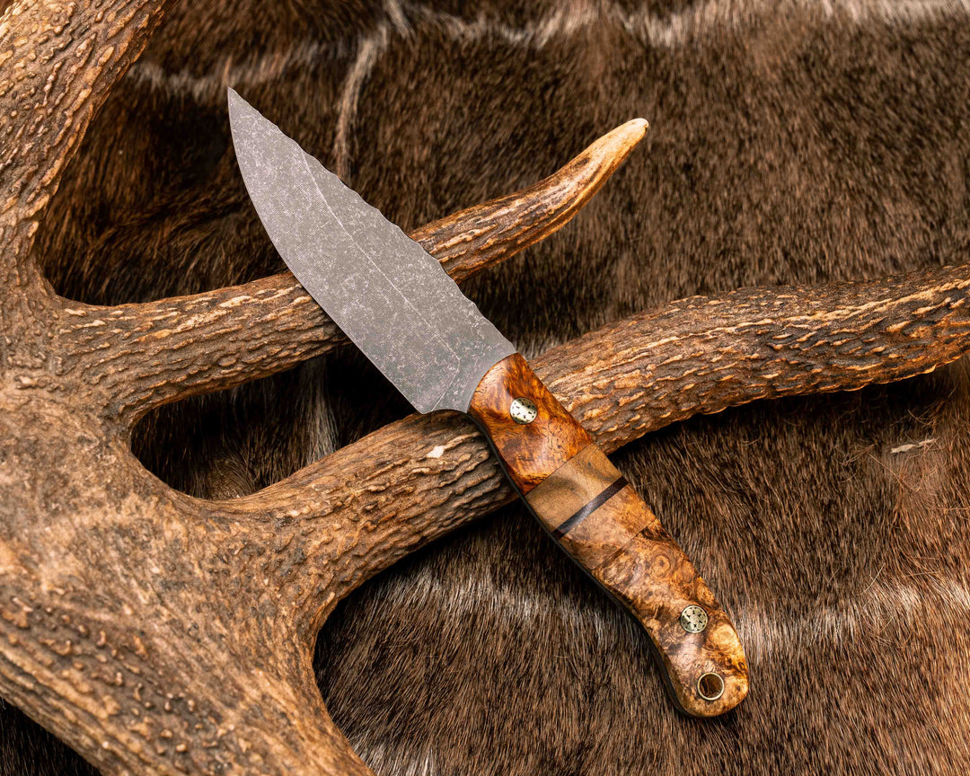 Feather Light- Afzelia Burl, Black Ash Burl and Desert Ironwood Split, Black Ash Burl, Mosaic Pins, Brass Lanyard Pin, Textured Grip