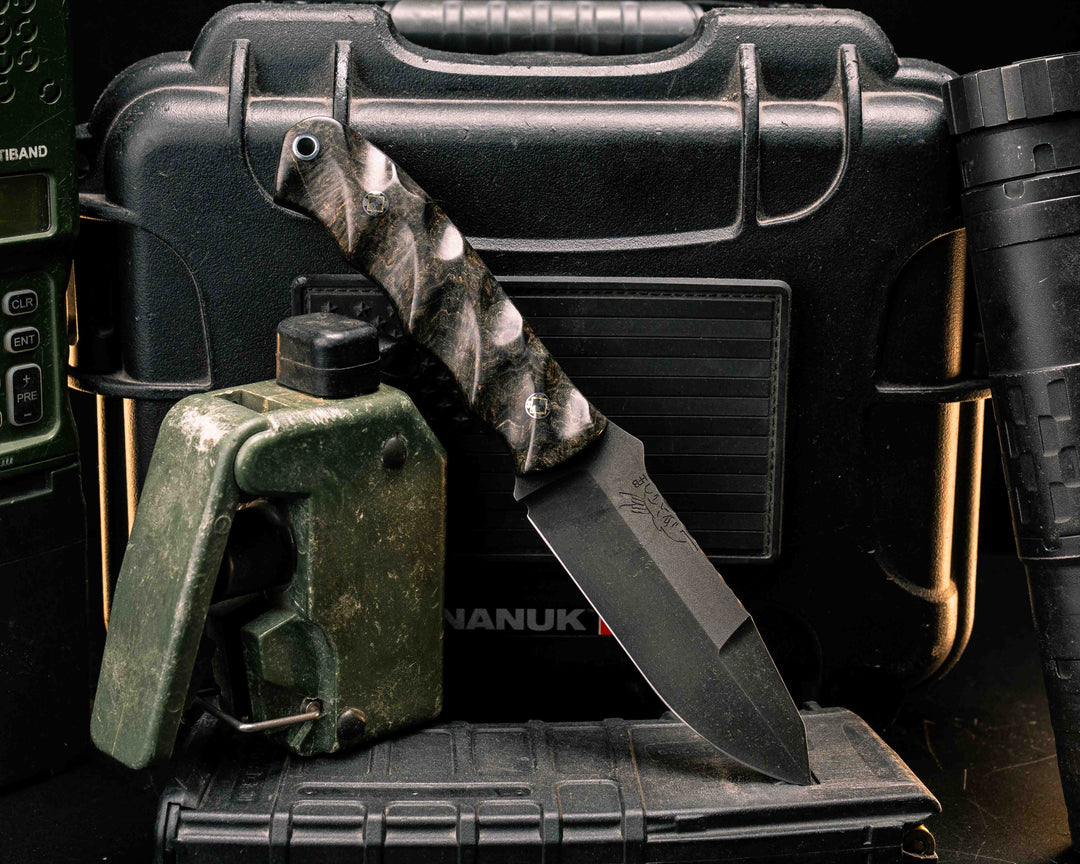 Disaster Jr Gen 3- Dyed Black Ash Burl, Mosaic Pins, Aluminum Lanyard Pin, Textured Grip