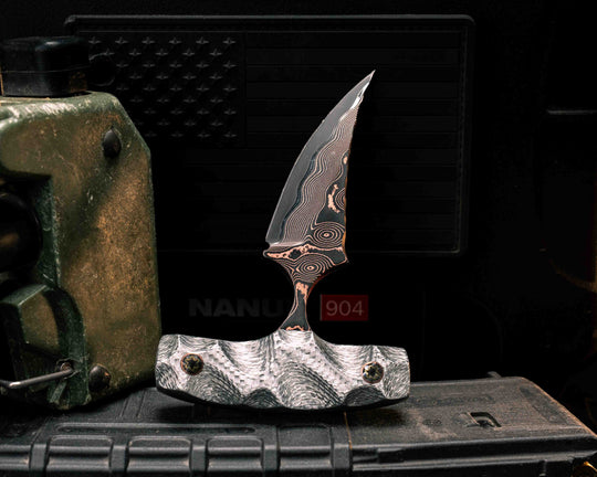 K9 Push Blade- Baker Forge Raindrop CopperMai NiShim- Silver Carbon, Mosaic Pins, Textured Grip