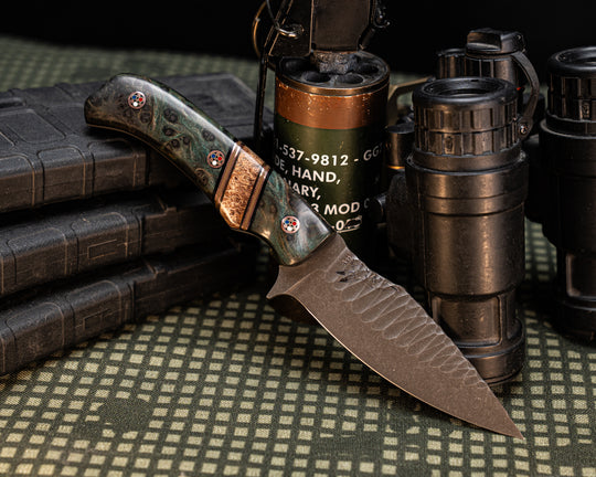 Ishi- Dyed Redwood, Black G10, Copper and OD Green G10 Pin Striping, Black Ash Burl Split, Patriot Mosaic Pins, Contoured Grip