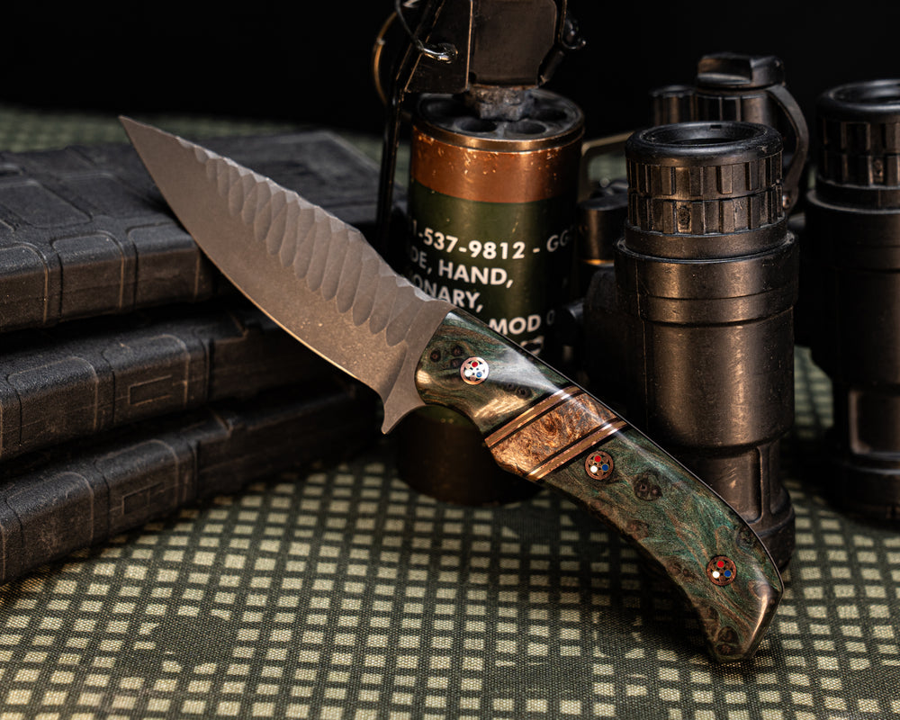 Ishi- Dyed Redwood, Black G10, Copper and OD Green G10 Pin Striping, Black Ash Burl Split, Patriot Mosaic Pins, Contoured Grip