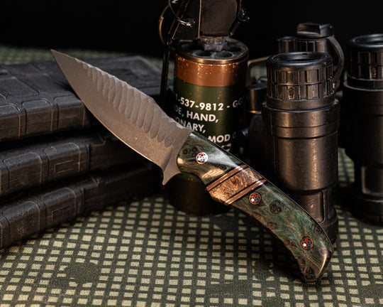Ishi- Dyed Redwood, Black G10, Copper and OD Green G10 Pin Striping, Black Ash Burl Split, Patriot Mosaic Pins, Contoured Grip