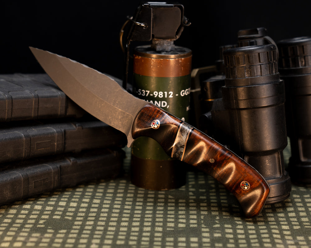 Ishi- Hawaiian Curly Koa, Black G10 and Copper Pin Striping, Dyed Maple Split, Spine Work and Resin, Patriot Mosaic Pins, 1/8" Mosaic Pin, Grooved Grip