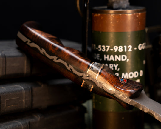 Ishi- Hawaiian Curly Koa, Black G10 and Copper Pin Striping, Dyed Maple Split, Spine Work and Resin, Patriot Mosaic Pins, 1/8" Mosaic Pin, Grooved Grip