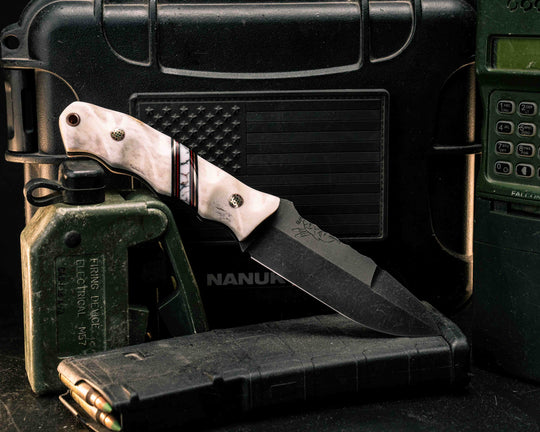 Disaster Jr Gen 3- Elk Antler, Black G10, Copper and Cherry G10 Pin Striping, Wild Horse Jasper Recon Stone Split, Mosaic Pins, Copper Lanyard Pin, Textured Grip