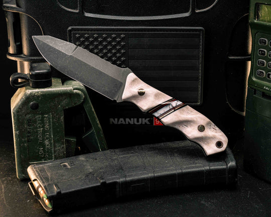 Disaster Jr Gen 3- Elk Antler, Black G10, Copper and Cherry G10 Pin Striping, Wild Horse Jasper Recon Stone Split, Mosaic Pins, Copper Lanyard Pin, Textured Grip