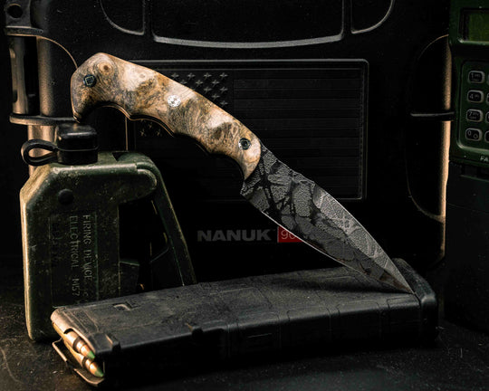 4" HUMINT- Buckeye Burl, Mosaic Pins, Textured Grip