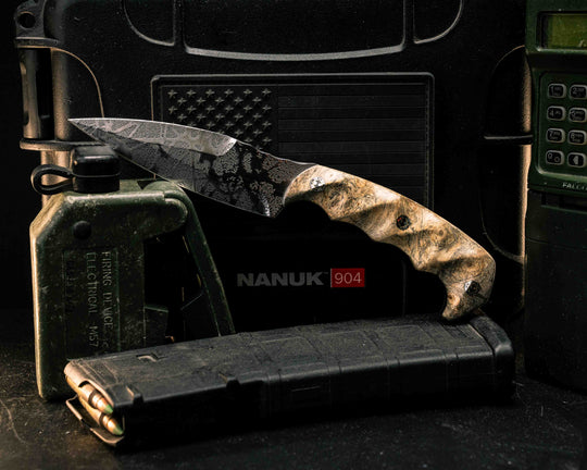 4" HUMINT- Buckeye Burl, Mosaic Pins, Textured Grip