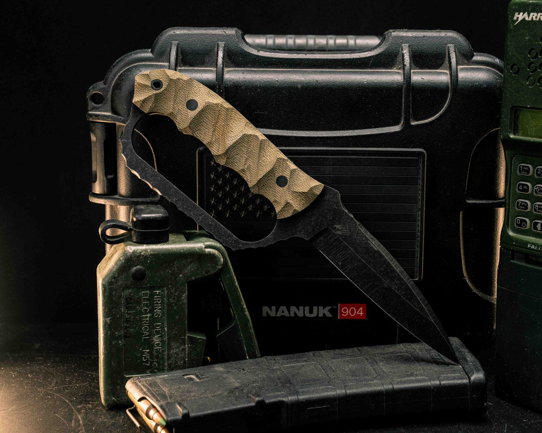 Trench Knife- OD Green Canvas Micarta, CF Pins, CF Lanyard Pin, Textured Grip