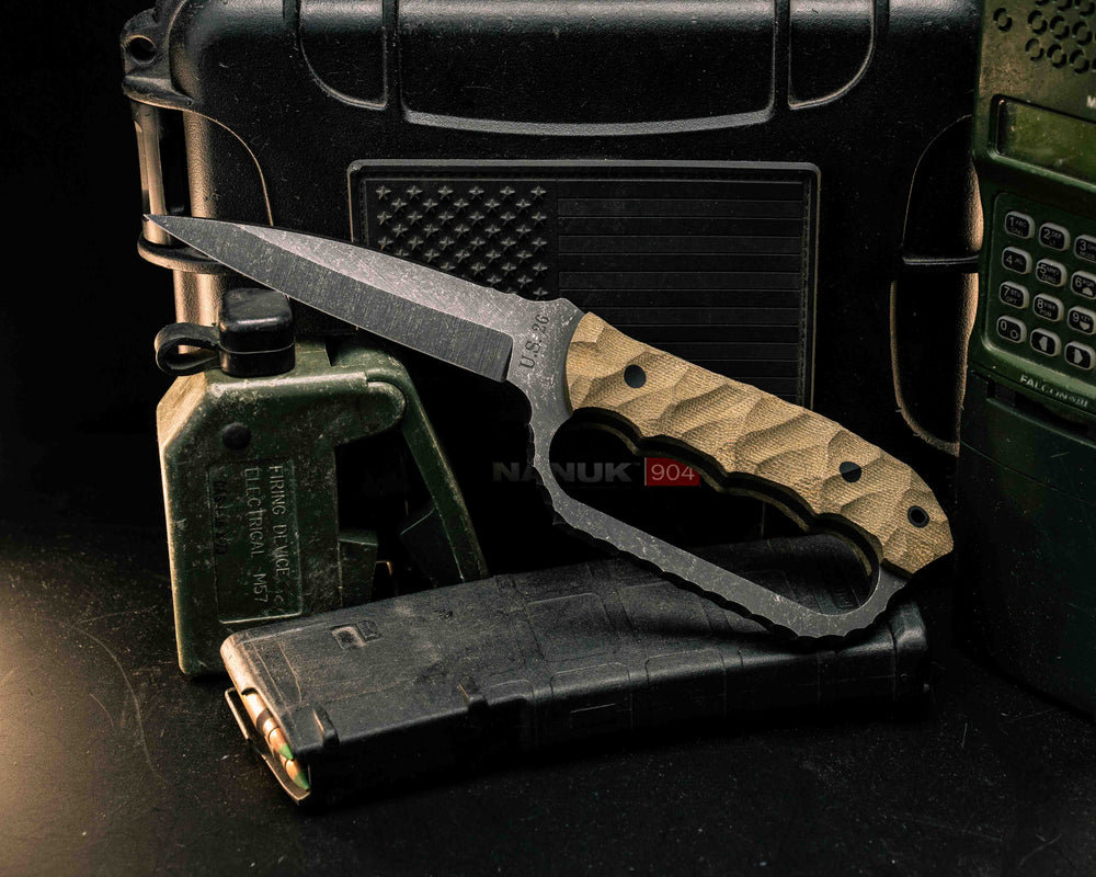 Trench Knife- OD Green Canvas Micarta, CF Pins, CF Lanyard Pin, Textured Grip