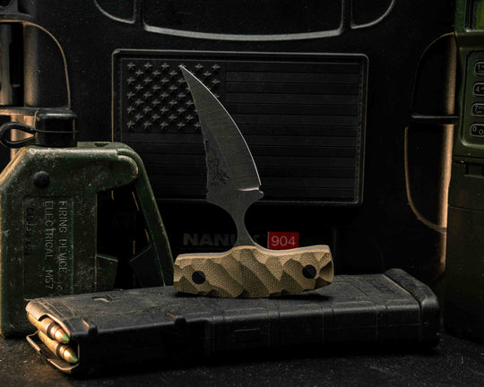 K9 Push Blade- OD Green Canvas Micarta, CF Pins, Textured Grip