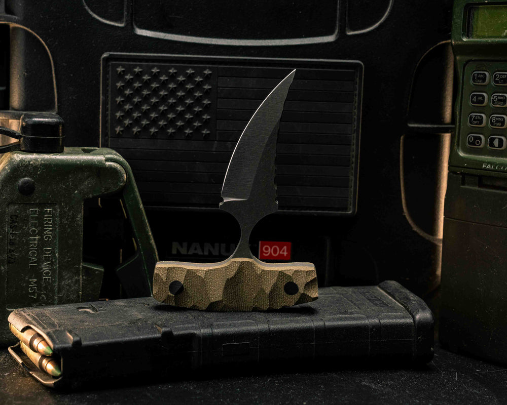 K9 Push Blade- OD Green Canvas Micarta, CF Pins, Textured Grip