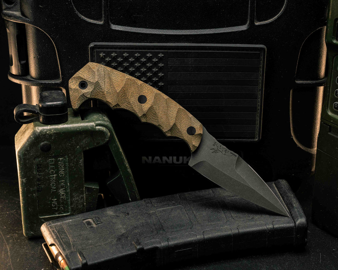 3" HUMINT - OD Green Canvas Micarta, CF Pins, CF Lanyard Pin, Textured Grip