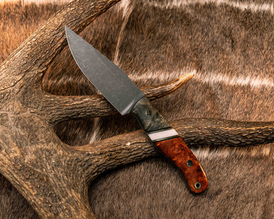 Crow Scalper- Buckeye Burl, Black G10 and Brass Pin Striping, White Recon Stone Split, Amboyna Burl, Mosaic Pins, Brass Lanyard Pin, Smooth Grip