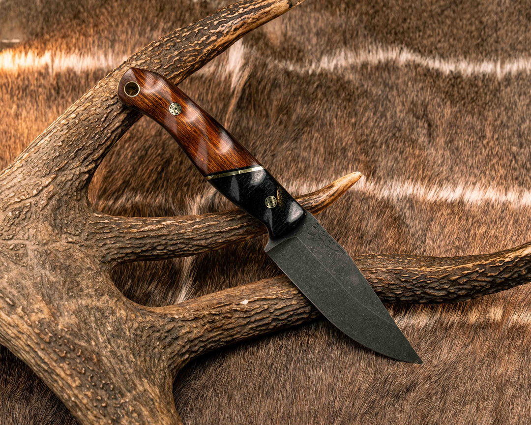 Crow Jr- Black Burlap Micarta, Black G10 and Brass Split, Desert Ironwood, Mosaic Pins, Brass Lanyard Pin, Textured Grip