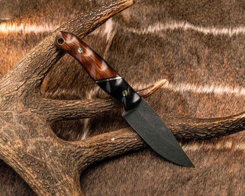 Crow Jr- Black Burlap Micarta, Black G10 and Brass Split, Desert Ironwood, Mosaic Pins, Brass Lanyard Pin, Textured Grip