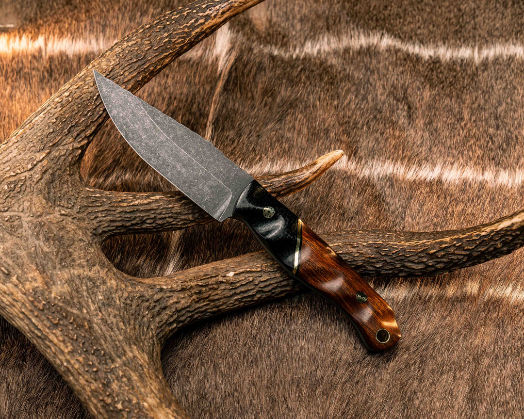 Crow Jr- Black Burlap Micarta, Black G10 and Brass Split, Desert Ironwood, Mosaic Pins, Brass Lanyard Pin, Textured Grip