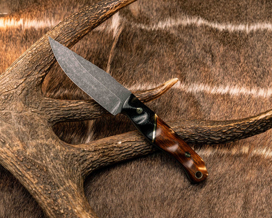 Crow Jr- Black Burlap Micarta, Black G10 and Brass Split, Desert Ironwood, Mosaic Pins, Brass Lanyard Pin, Textured Grip