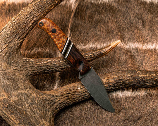 Crow Cub- Desert Ironwood, Black G10, White G10 and Grey G10 Pin Striping, Ultem Split, Afzelia Burl, CF Pins, CF Lanyard Pin, Textured Grip
