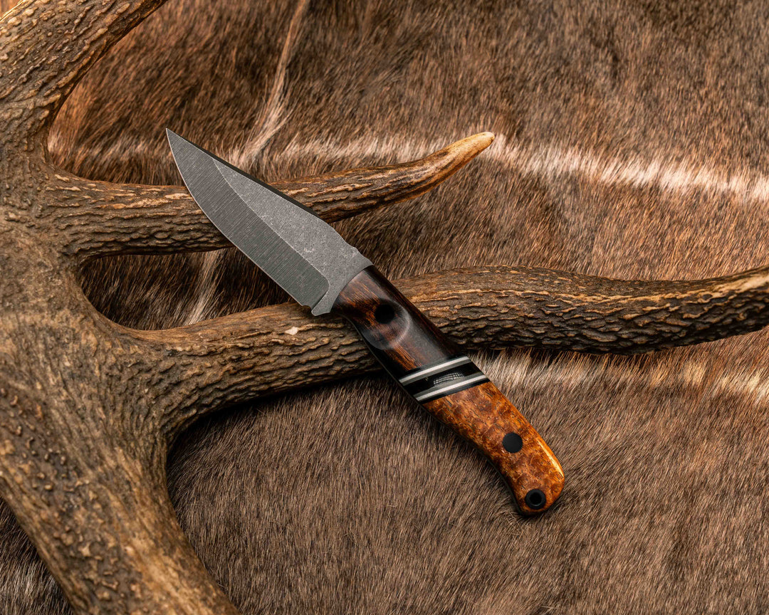 Crow Cub- Desert Ironwood, Black G10, White G10 and Grey G10 Pin Striping, Ultem Split, Afzelia Burl, CF Pins, CF Lanyard Pin, Textured Grip