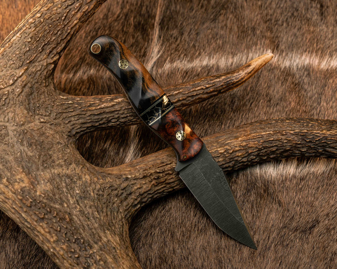 Crow Cub- Orange Heart, Black G10, Grey G10 and Brass Pin Striping, Black with Gold Web Tru-stone Split, Black and White Ebony, Mosaic Pins, Brass Lanyard Pin, Textured Grip