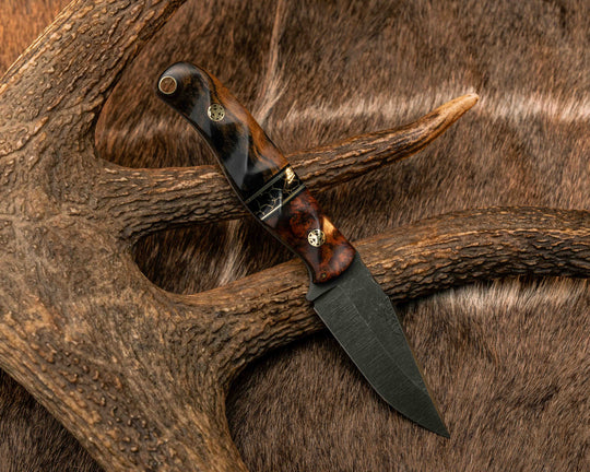Crow Cub- Orange Heart, Black G10, Grey G10 and Brass Pin Striping, Black with Gold Web Tru-stone Split, Black and White Ebony, Mosaic Pins, Brass Lanyard Pin, Textured Grip