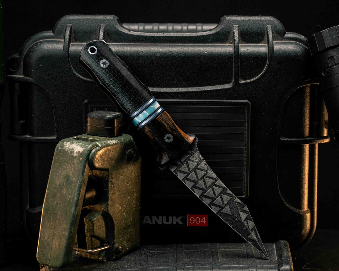 Combat Dirt Nap- Black and White Ebony, Black G10, Blue G10 and Aluminum Pin Striping, Larimar Tru-stone Split, Black Burlap Micarta, Mosaic Pins, Aluminum Lanyard Pin, Smooth Grip