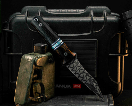 Combat Dirt Nap- Black and White Ebony, Black G10, Blue G10 and Aluminum Pin Striping, Larimar Tru-stone Split, Black Burlap Micarta, Mosaic Pins, Aluminum Lanyard Pin, Smooth Grip