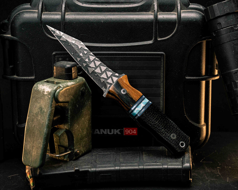 Combat Dirt Nap- Black and White Ebony, Black G10, Blue G10 and Aluminum Pin Striping, Larimar Tru-stone Split, Black Burlap Micarta, Mosaic Pins, Aluminum Lanyard Pin, Smooth Grip