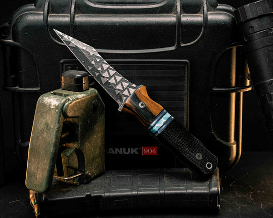 Combat Dirt Nap- Black and White Ebony, Black G10, Blue G10 and Aluminum Pin Striping, Larimar Tru-stone Split, Black Burlap Micarta, Mosaic Pins, Aluminum Lanyard Pin, Smooth Grip