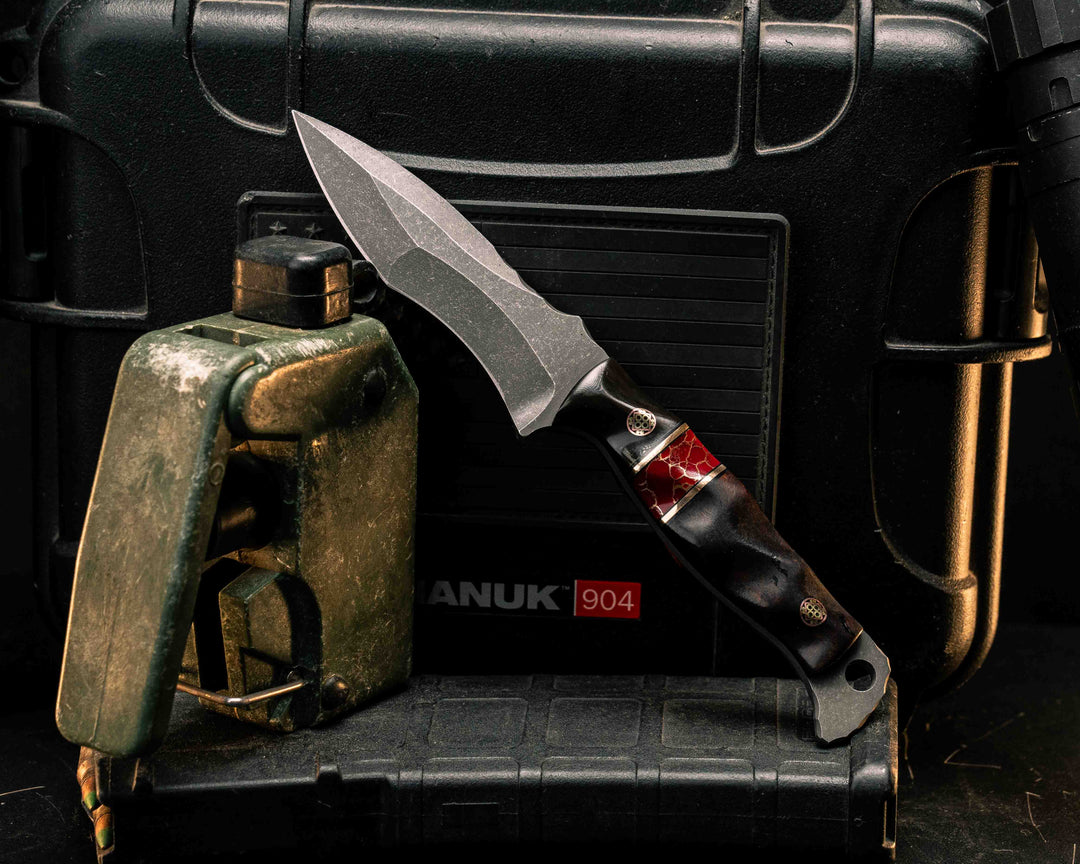 Extremis MK1- Bison Horn, Black G10 and Bronze Pin Striping, Red with Gold Web Tru-Stone Split, Desert Ironwood, Mosaic Pins, Textured Grip