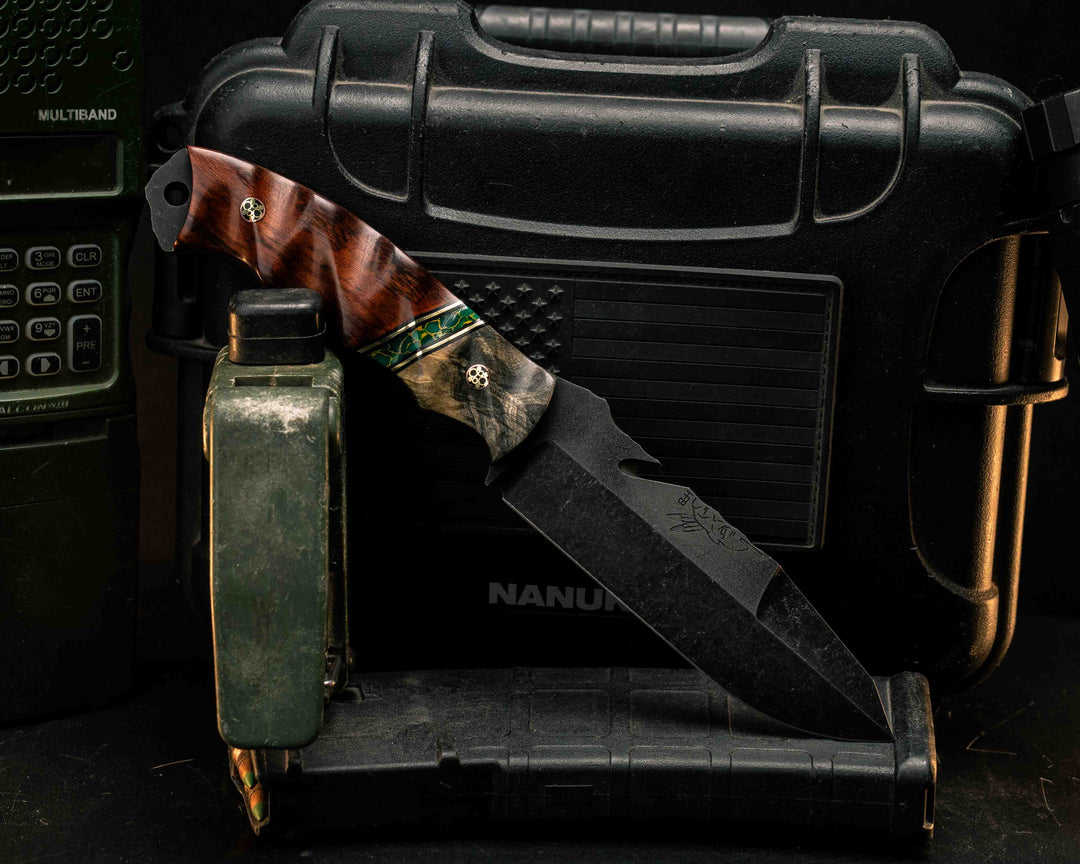 Notched Wire Cutter Breacher Gen 3- Buckeye Burl, Black G10 and Brass Pin Striping, Arizona Jade Tru-stone Split, Snakewood, Mosaic Pins, Textured Grip