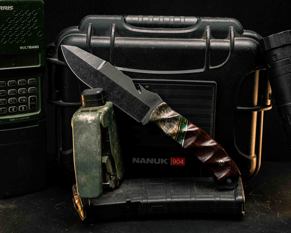 Notched Wire Cutter Breacher Gen 3- Buckeye Burl, Black G10 and Brass Pin Striping, Arizona Jade Tru-stone Split, Snakewood, Mosaic Pins, Textured Grip