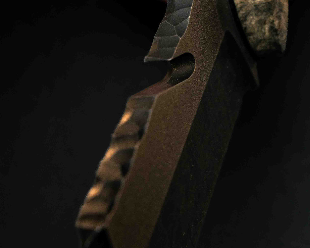 Notched Wire Cutter Breacher Gen 3- Buckeye Burl, Black G10 and Brass Pin Striping, Arizona Jade Tru-stone Split, Snakewood, Mosaic Pins, Textured Grip