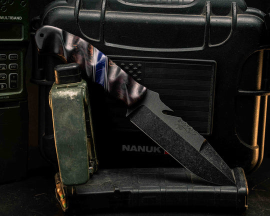 Notched Wire Cutter Breacher Gen 3- Dyed Maple, Black G10, White G10 and Purple G10 Pin Striping, Violet Juma Split, CF Pins, CF Lanyard Pin, Textured Grip