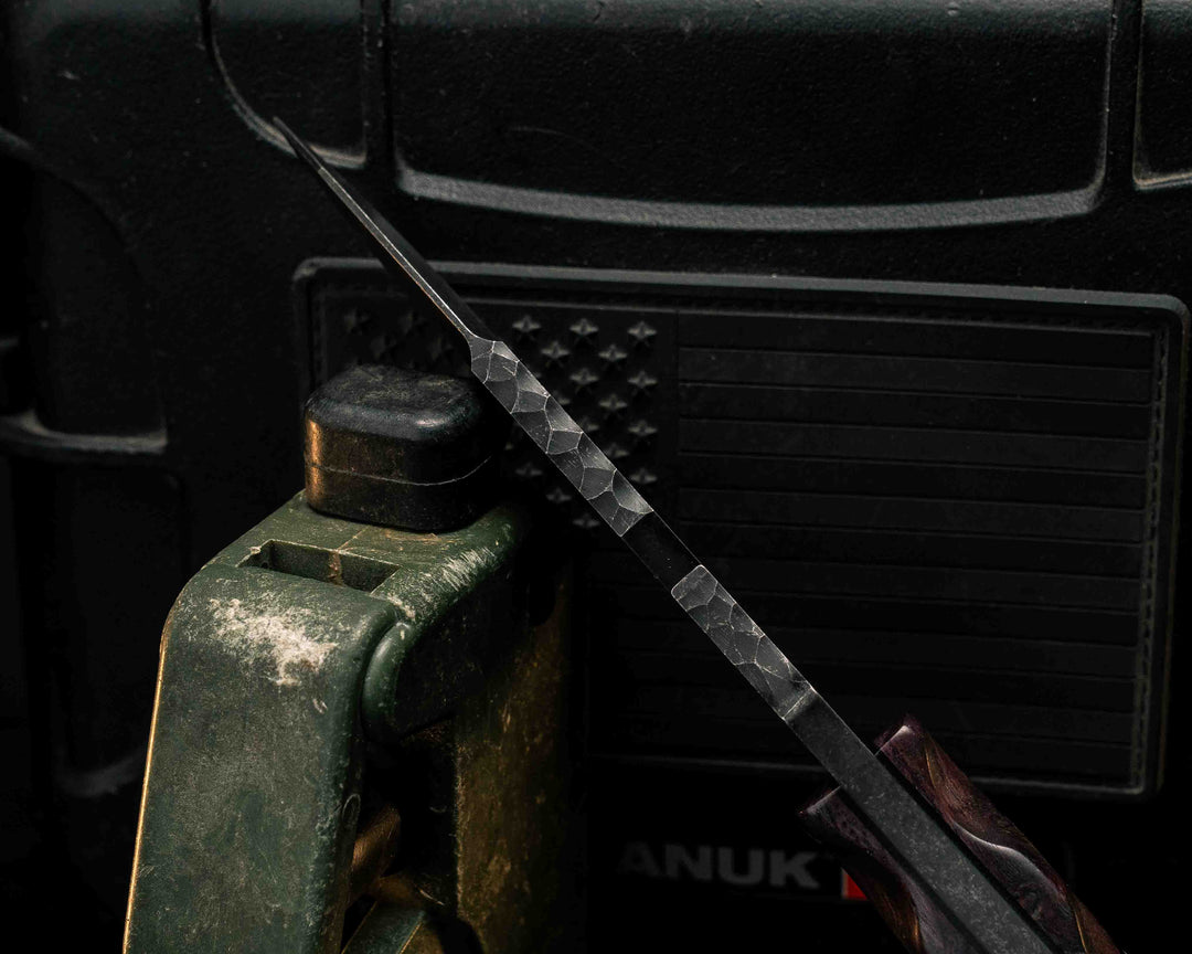 Notched Wire Cutter Breacher Gen 3- Dyed Maple, Black G10, White G10 and Purple G10 Pin Striping, Violet Juma Split, CF Pins, CF Lanyard Pin, Textured Grip
