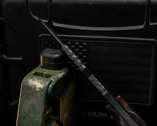 Notched Wire Cutter Breacher Gen 3- Dyed Maple, Black G10, White G10 and Purple G10 Pin Striping, Violet Juma Split, CF Pins, CF Lanyard Pin, Textured Grip