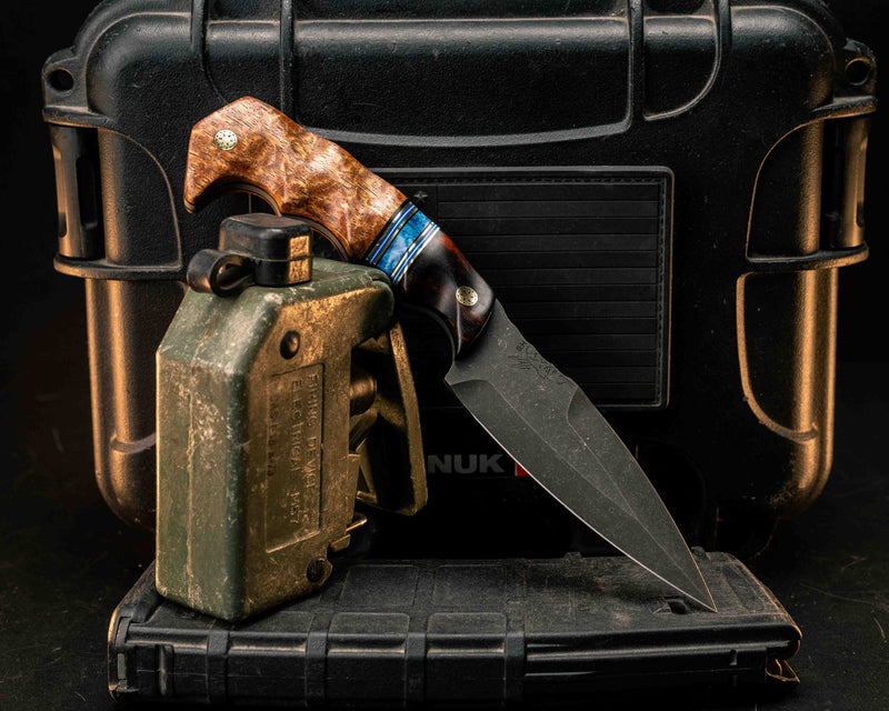 4" HUMINT- Desert Ironwood, Black G10, Brass and Blue G10 Pin Striping, Dark Denim Lapis Recon Stone Split, Lamtoro Burl, Mosaic Pins, Textured Grip