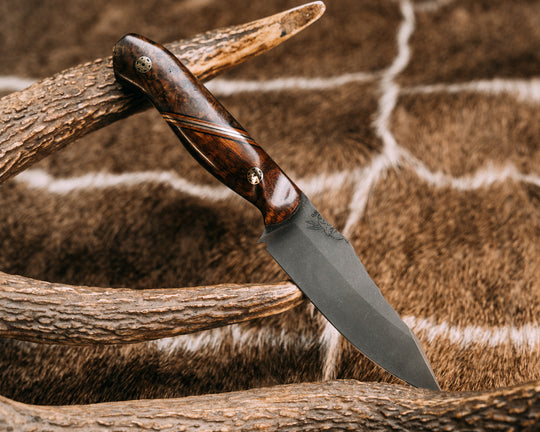 Field Knife Jr- Snakewood, Black G10, Natural Canvas Micarta and Bronze Split, Chechen Burl, Mosaic Pins, Contoured Grip