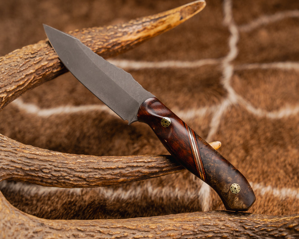 Field Knife Jr- Snakewood, Black G10, Natural Canvas Micarta and Bronze Split, Chechen Burl, Mosaic Pins, Contoured Grip