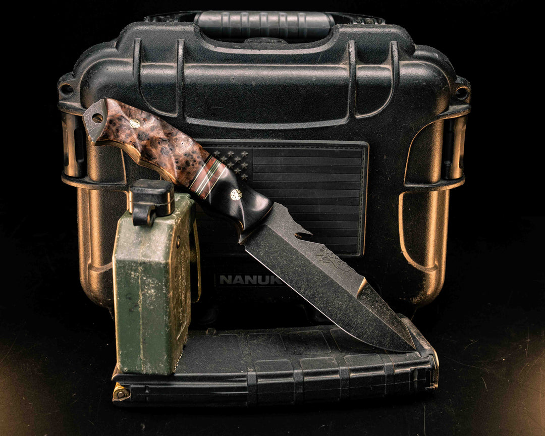 Notched Wire Cutter Breacher Gen 3- Desert Ironwood, Black G10, Brass and Forest Green G10 Pin Striping, Dyed Maple Split, Chechen Caribbean Rosewood, Mosaic Pins, Textured Grip