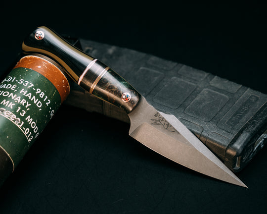 Gulo Gulo- Dyed Redwood, Black G10, Copper and OD Green G10 Pin Striping, Copper Infused Carbon Split, Black and OD Green Layered G10, Patriot Mosaic Pins, Smooth Grip