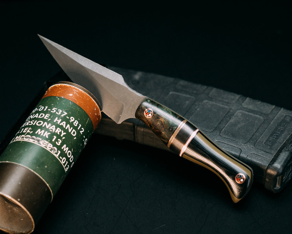 Gulo Gulo- Dyed Redwood, Black G10, Copper and OD Green G10 Pin Striping, Copper Infused Carbon Split, Black and OD Green Layered G10, Patriot Mosaic Pins, Smooth Grip