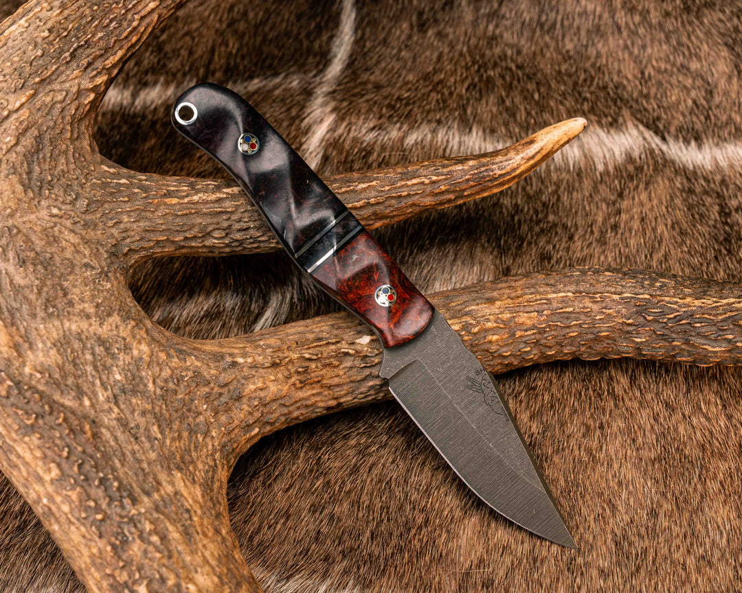 Crow Cub- Dyed Amboyna Burl, Black G0 and Aluminum Pin Striping, Dyed Maple Split, Dyed Redwood Burl, Patriot Mosaic Pins, Aluminum Lanyard Pin, Textured Grip