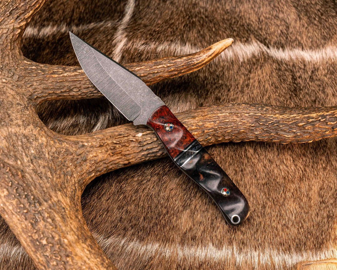 Crow Cub- Dyed Amboyna Burl, Black G0 and Aluminum Pin Striping, Dyed Maple Split, Dyed Redwood Burl, Patriot Mosaic Pins, Aluminum Lanyard Pin, Textured Grip