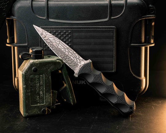 Combat Dagger- Black Diamond Richlite, CF Pins, CF Lanyard Pin, Stippled Textured Grip