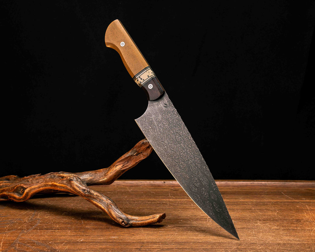 Chef Blade- Desert Ironwood, Black G10, Desert Tan G10, OD Green G10 and Copper Pin Striping, Black Calceon split, Vintage Butterscotch Micarta, Mosaic Pins, Smooth Grip
